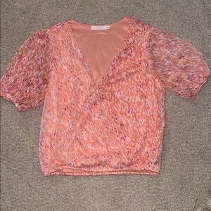 Lush Pink Orange Abstract Puff Sleeve Blouse | Small